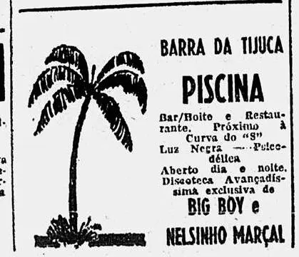 Cartaz anunciando bar, boate e restaurante "Piscina" na Barra da Tijuca.