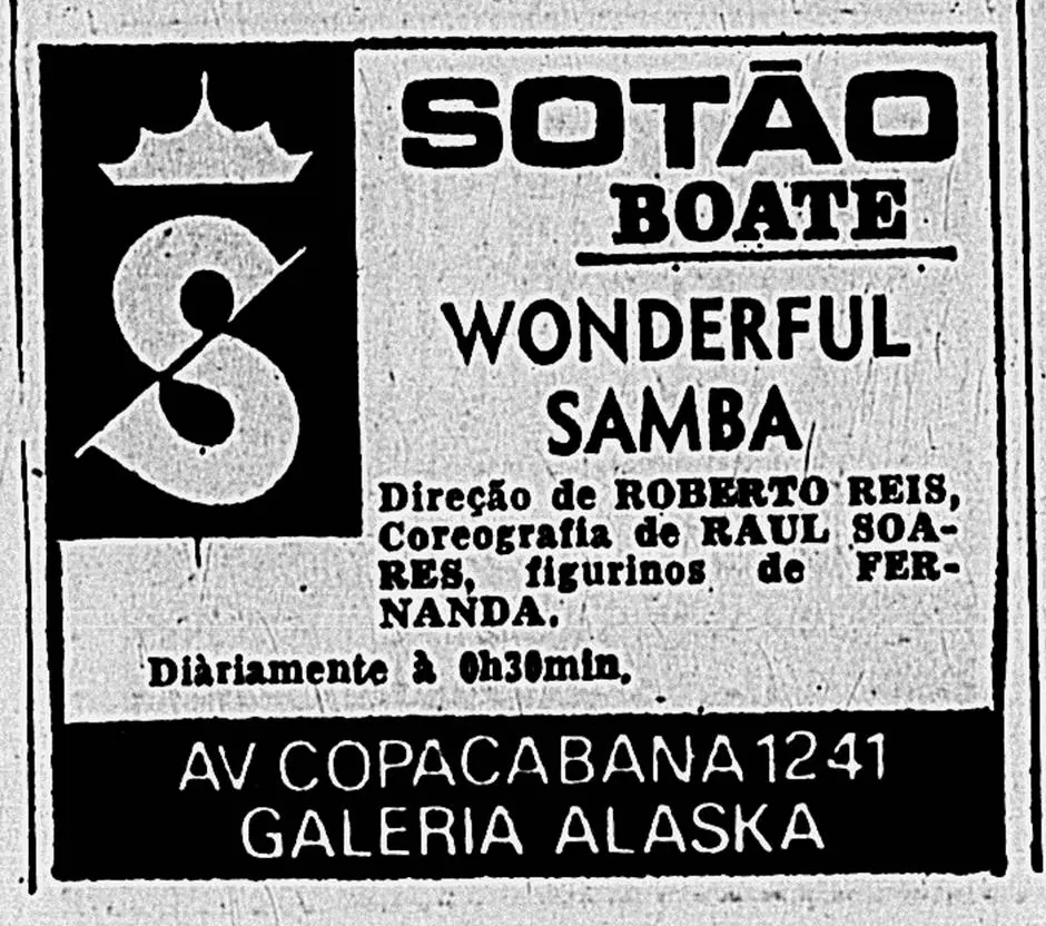 Anúncio de boate "Sótão" em preto e branco, oferecendo samba.