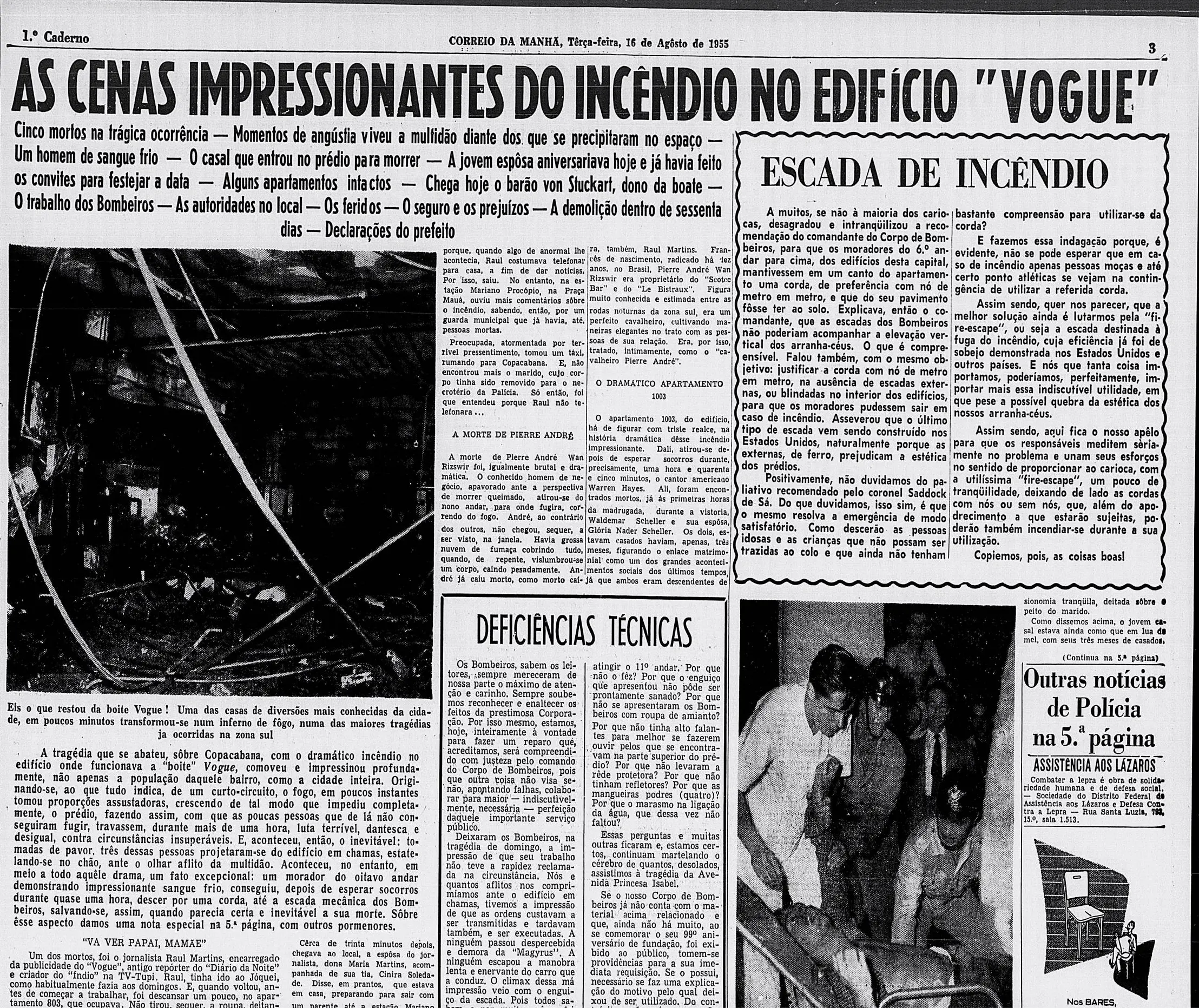 Jornal antigo de 1955 sobre incêndio no 'Vogue'.