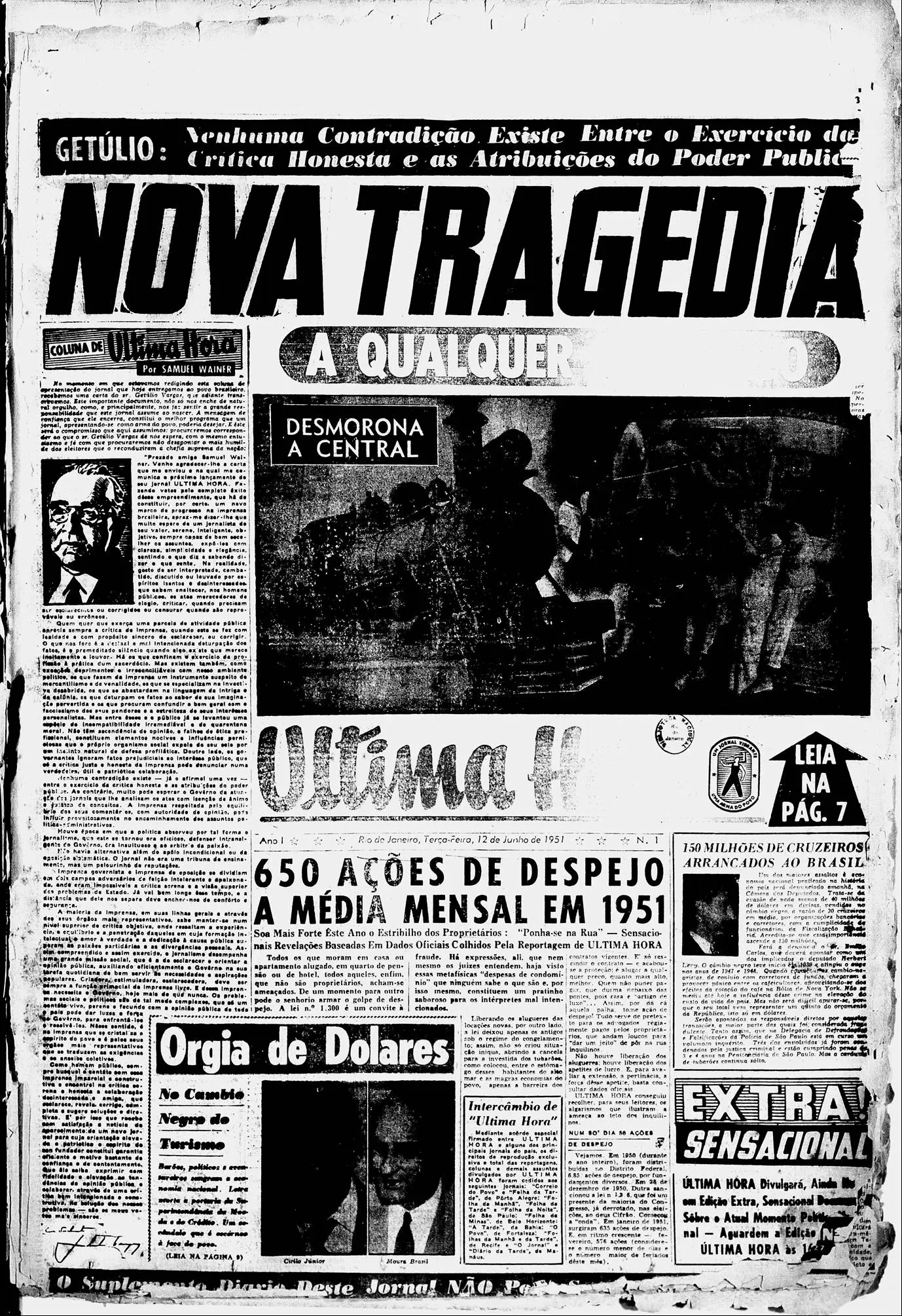 Página de jornal em preto e branco com retrato de Getúlio Vargas e mercado/feira central.