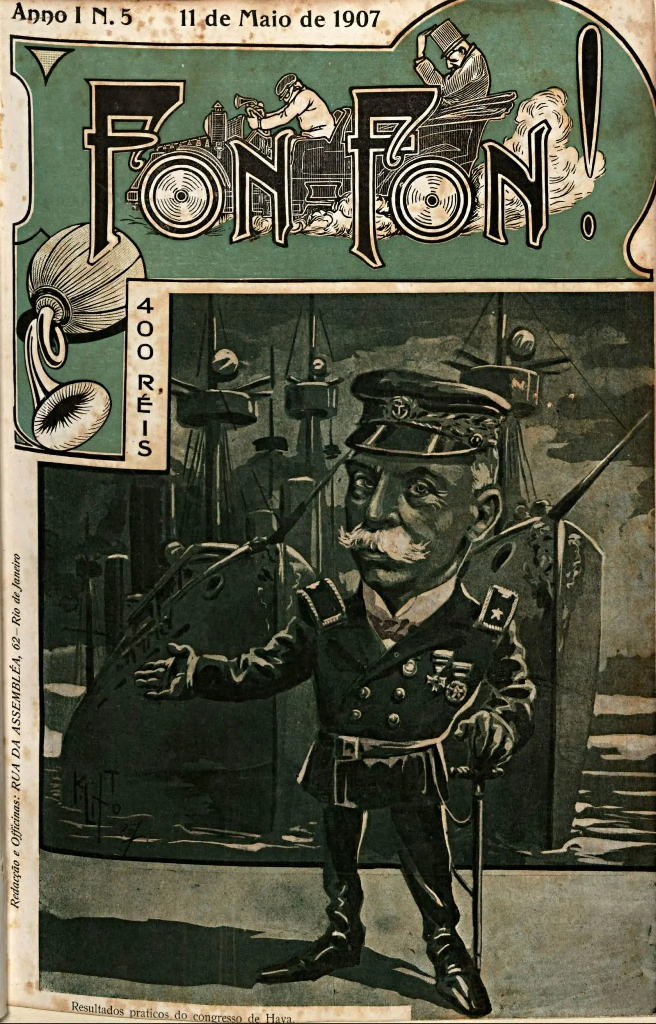 Gravura preto e branco de 1907, revista Fon-Fon!, homem militar com bastão, embarcação ao fundo.