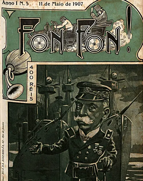 Capa de revista preto e branco de 1907, destacando um homem militar segurando um fajão.