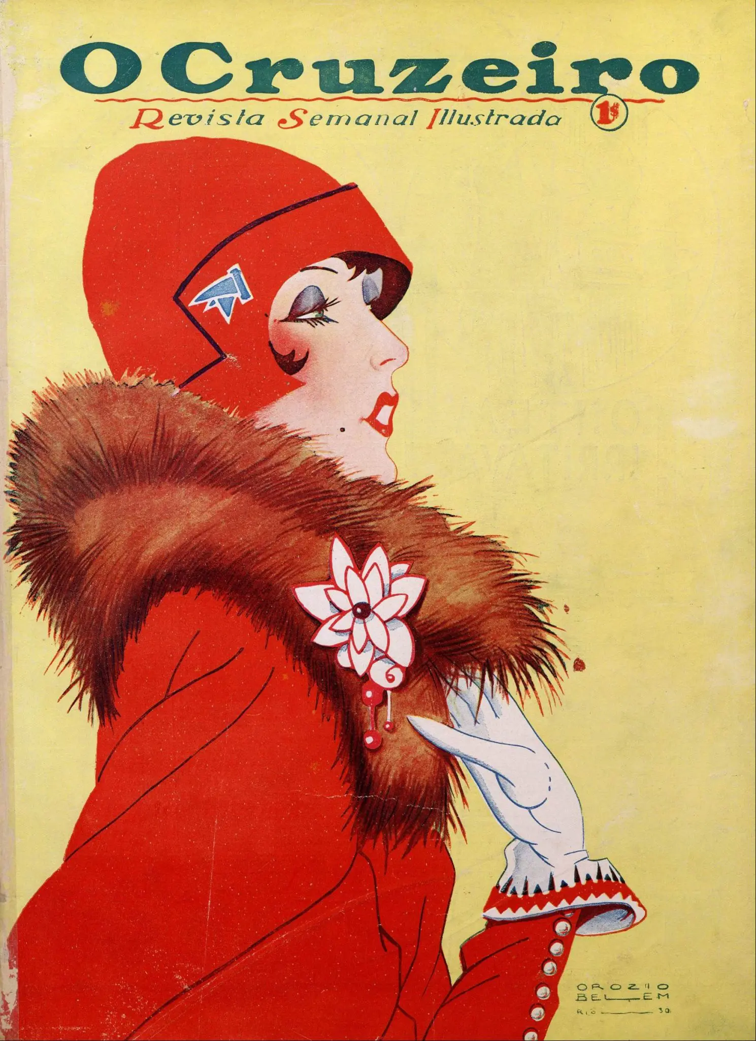 Ilustração colorida de revista "O Cruzeiro", mulher com casaco vermelho e chapéu.