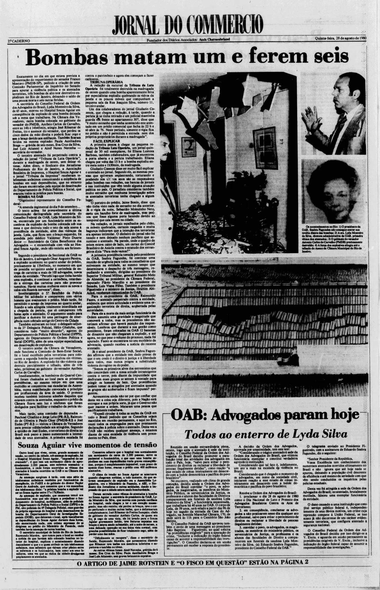 Página de jornal em preto e branco sobre explosões causando morte e ferimentos.