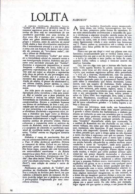 Página de livro preto e branco com título "LOLITA" e texto alinhado à esquerda.