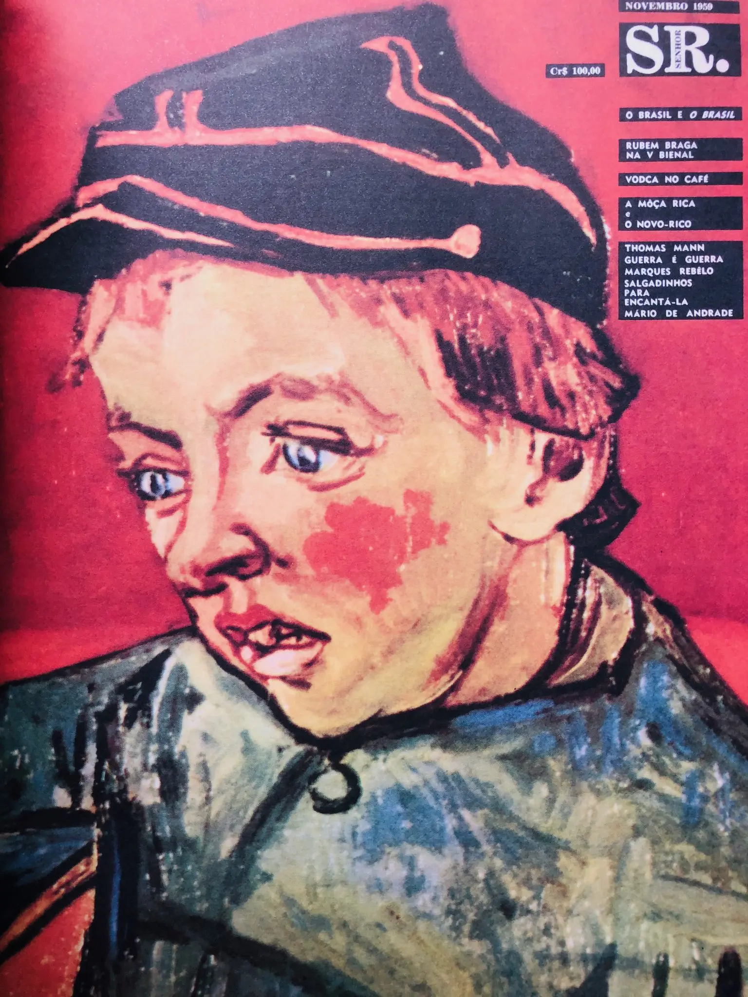 Pintura em tons de vermelho e verde, rosto humano pensativo, chapéu preto com detalhes vermelhos.