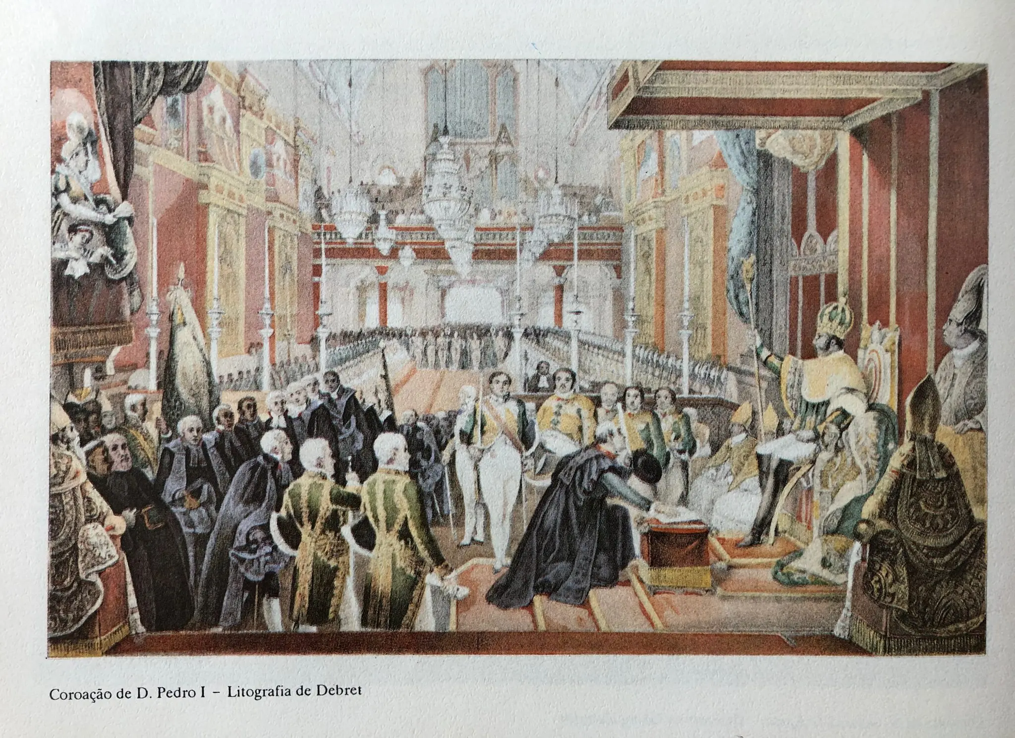 Litografia colorida da coroação de D. Pedro I em salão barroco.