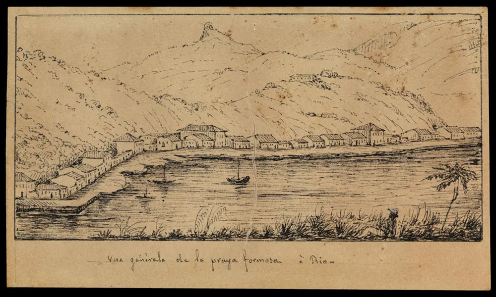 Gravura de Praia Formosa, Rio, com casas e navio.