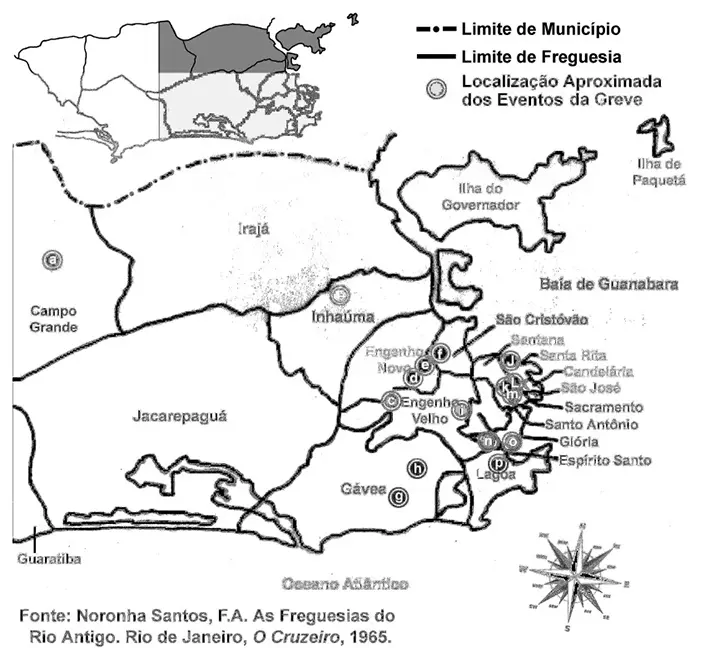 Mapa em preto e branco mostrando a localização dos eventos da Greve Geral de 1903 no Rio de Janeiro.