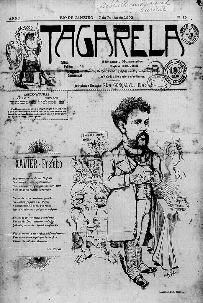 Capa de revista humorística de 1902, "Tagarela", com desenhos e retratos.