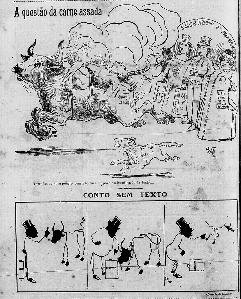 Caricatura em preto e branco sobre a carne assada, com touro em movimento, fumaça, e figuras humanas representando desordem, progresso, polícia e lei.