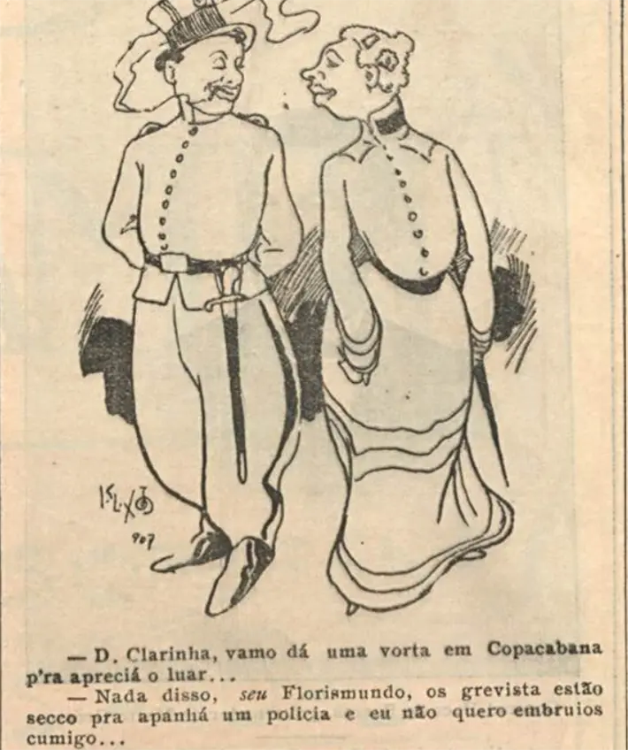 Gravura preto e branco de dois personagens em roupas formais do início do século XX.