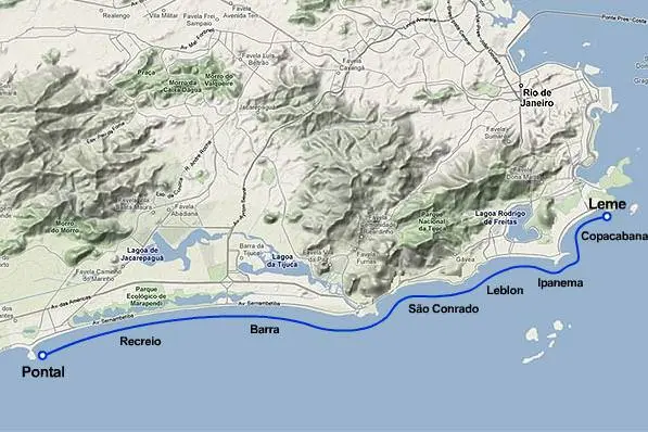 Mapa de percurso de natação entre Pontal e Leme.