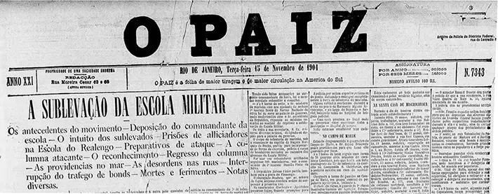 Capa de jornal de 1901 detalhando a Revolta da Escola Militar.