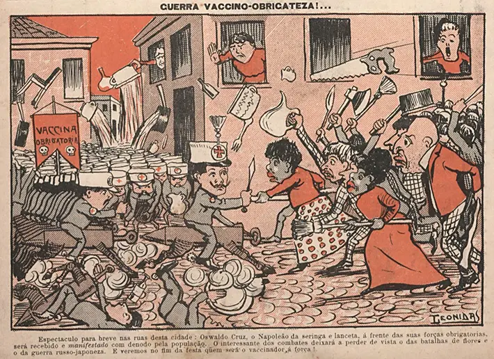 Revolta contra vacina obrigatória em cena de gravura colorida.