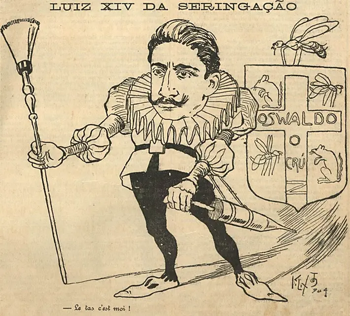 Caricatura em preto e branco de Luiz XIV da Seringação, segurando espada e seringa, com inseto e rato ao lado, fundo com escudo "Oswaldo" e símbolos de vacinação.
