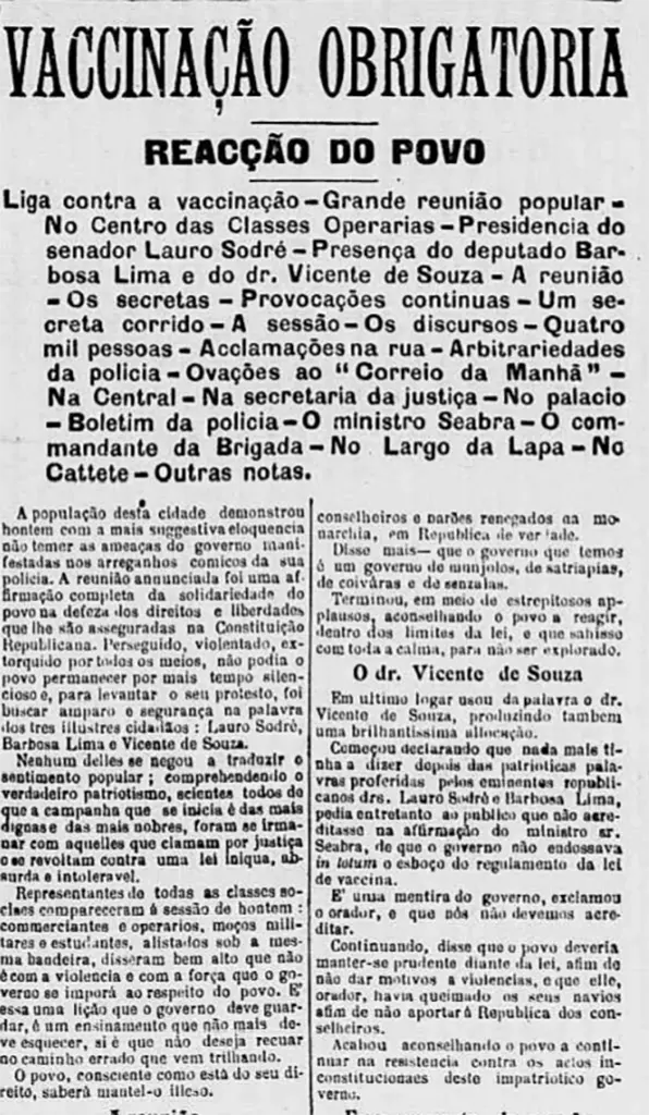 Jornal destaca reação popular contra vacinação obrigatória.