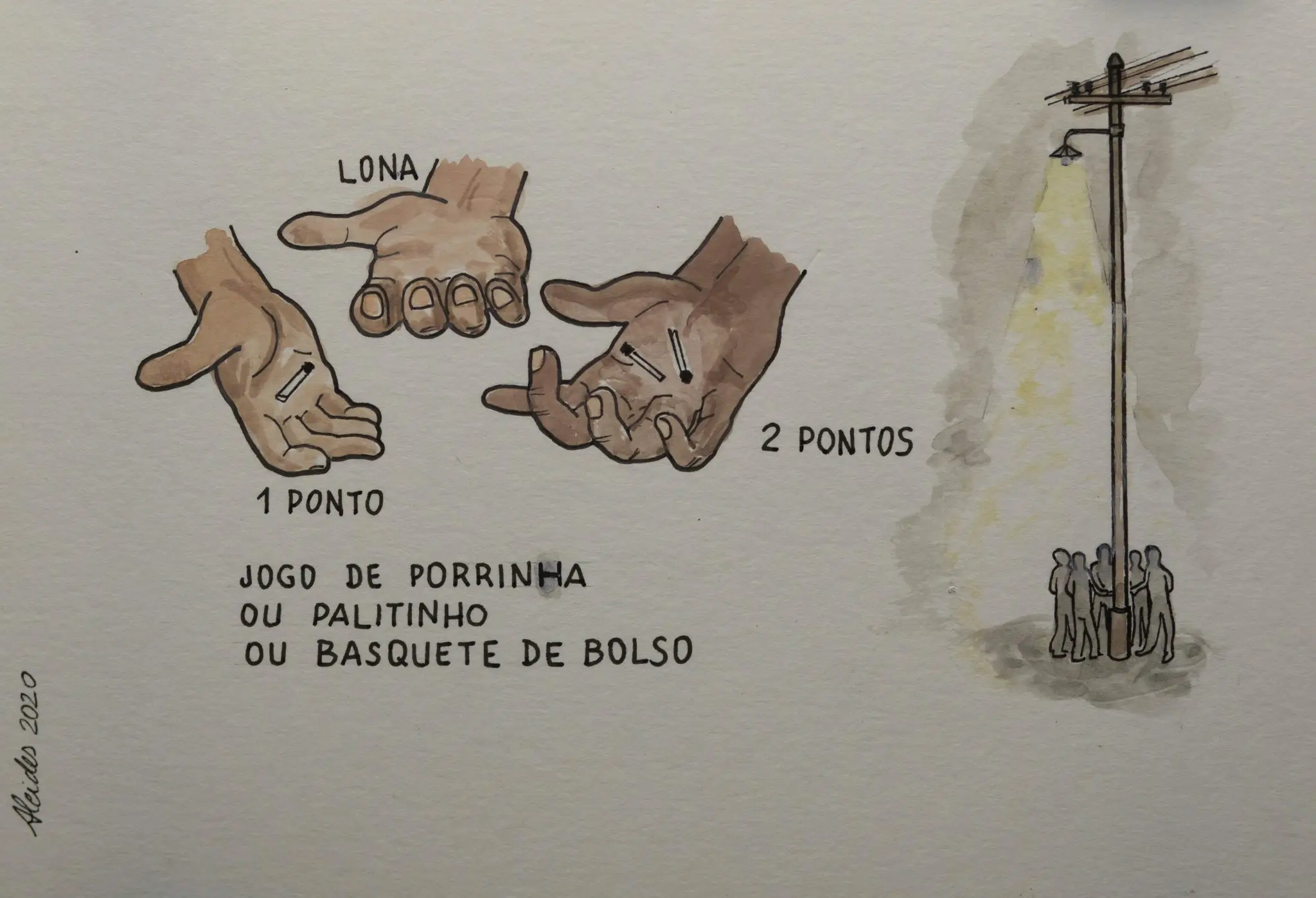 Gravura em preto e branco mostrando mãos humanas com marcas e um poste de luz com pessoas em torno.