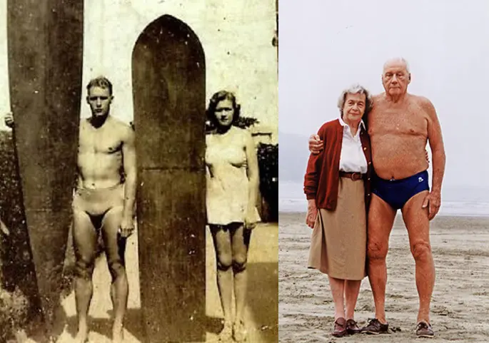 Comparação de duas fotos de banhistas em praia, antiga e moderna.