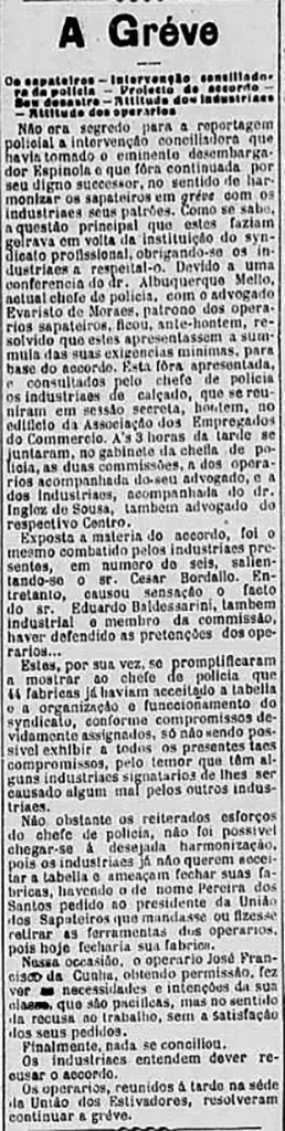 Jornal antigo detalha greve dos sapateiros.