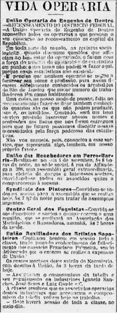 Jornal em preto e branco com seções sobre sindicatos e associações operárias.