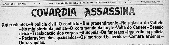 Jornal antigo sobre o incidente "Covardia Assassina" em 1909.