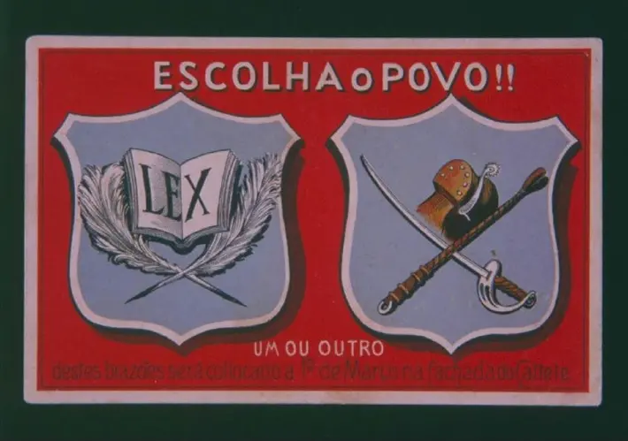 Cartão-postal com fundo vermelho, símbolos e texto sobre escolha de brasões.