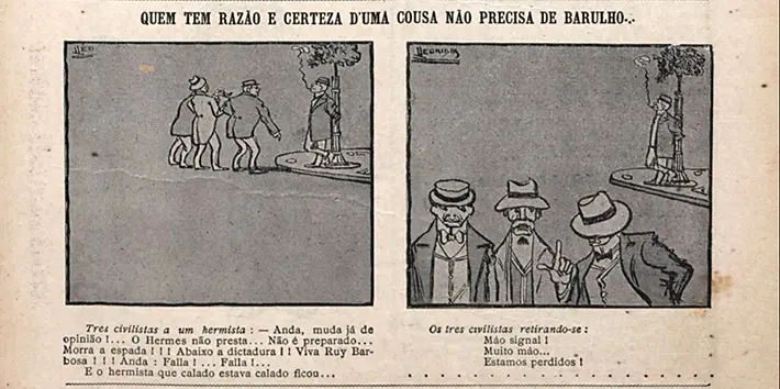 Ilustração em preto e branco mostrando três homens discutindo com um hermita em um cenário urbano.