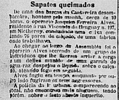 Jornal antigo em preto e branco sobre incidente com sapatos queimados.