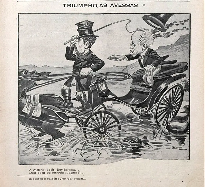 Gravura em preto e branco de dois homens em um carrinho de água.