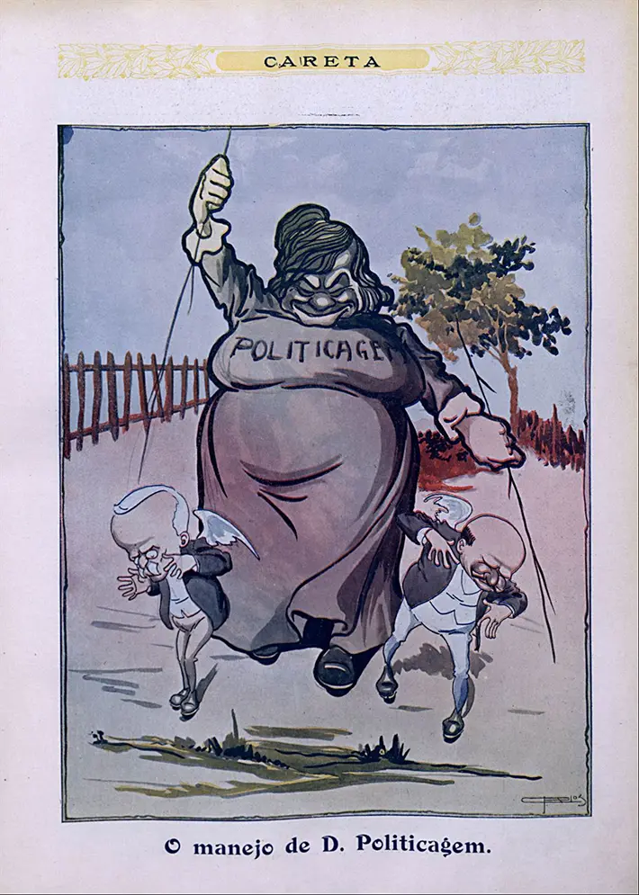 Charge de 1910 mostrando figura gorda com "POLITICAGEM" em manto, apontando e empurrando figuras menores.