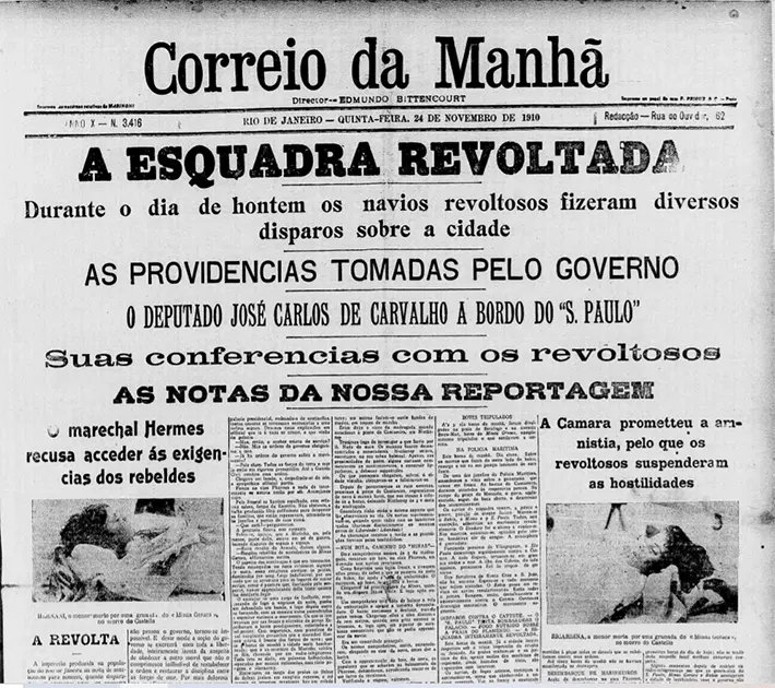 Jornal antigo de 1910 com notícias sobre revolta naval.