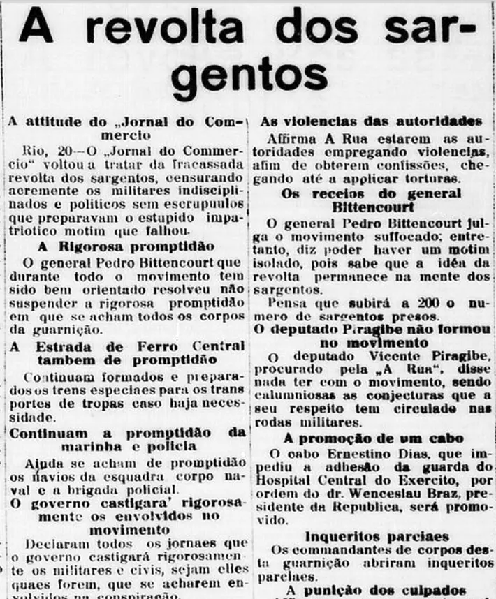 Jornal em preto e branco detalha revolta dos sargentos e suas consequências.
