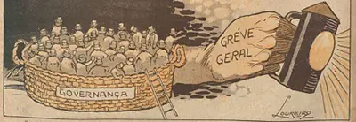 Caricatura em preto e branco sobre greve geral.