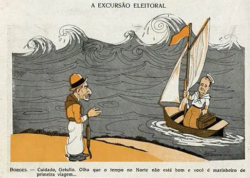 Cartão-postal com dois homens, um em terra firme e outro navegando em barco turbulento, sob céu nublado.