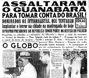 Jornal em preto e branco com título sobre assalto ao Guanabara.