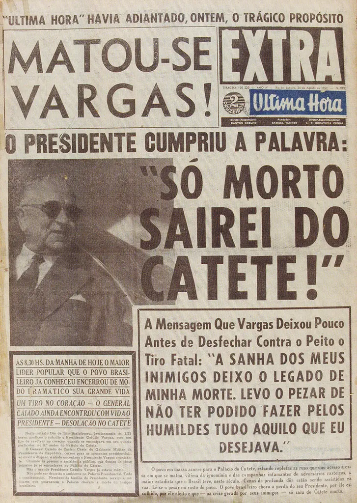 Jornal em preto e branco sobre suicídio de Getúlio Vargas.