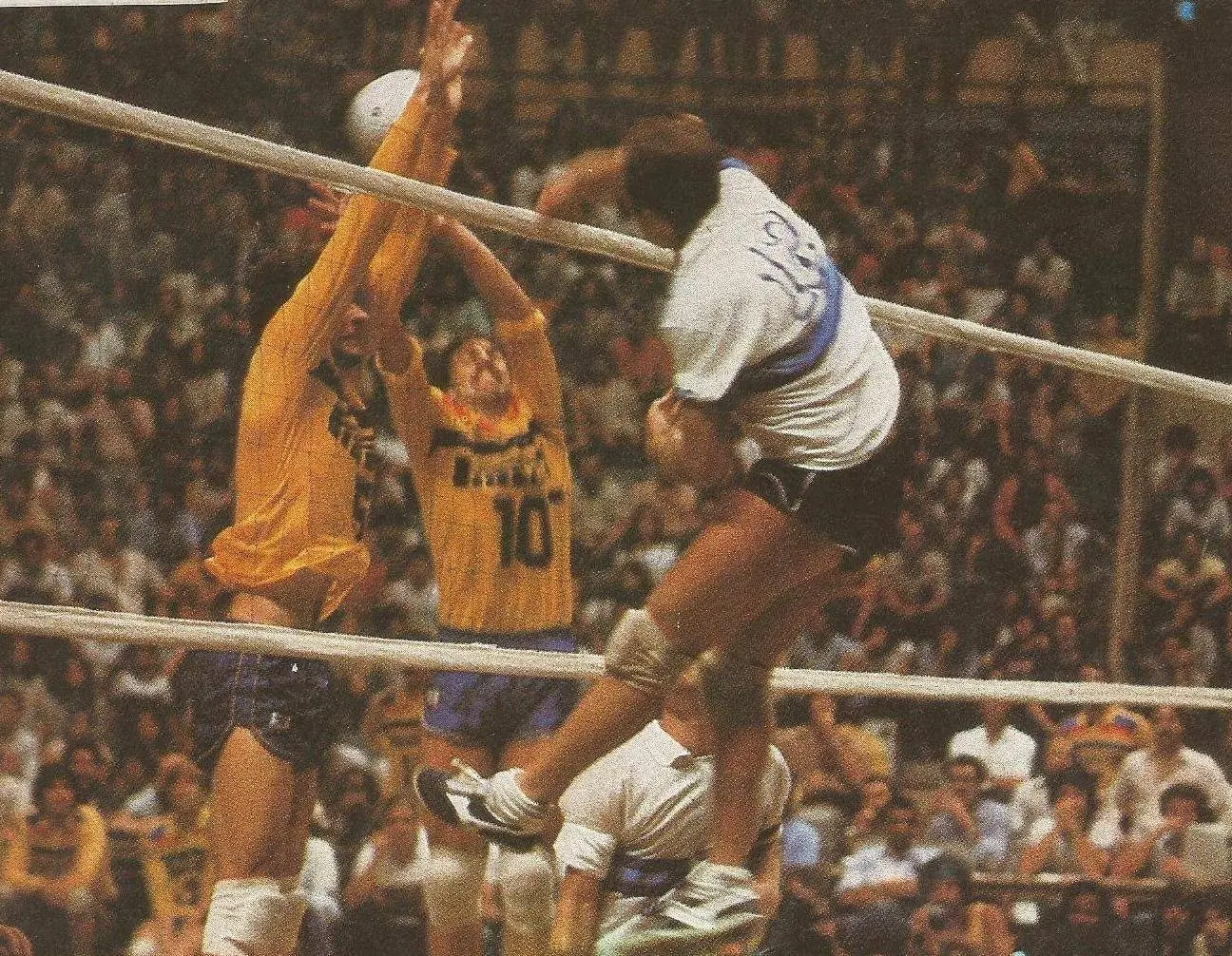 Jogadores em ação durante partida de vôlei em frente a público.