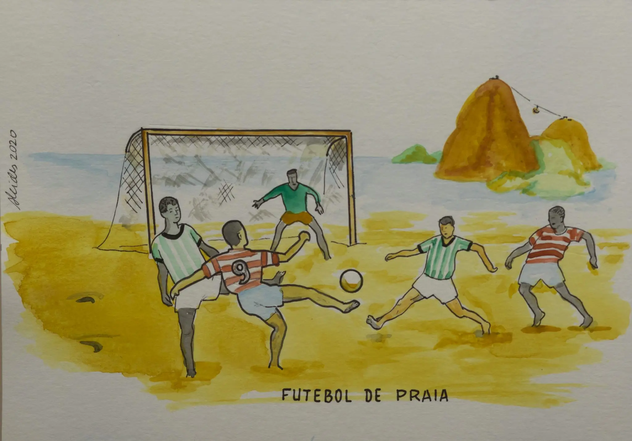 Pintura de futebol de praia com jogador marcando gol.