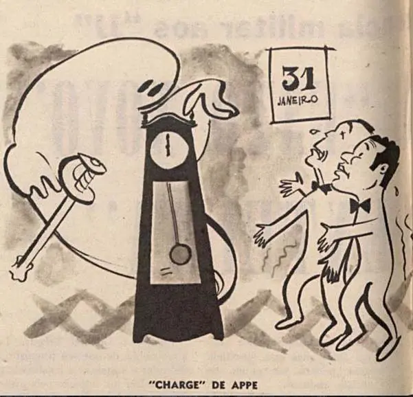 Charge em preto e branco mostrando um crânio humano com cajado, relógio de pé com pendente, dois homens dançando e data "31 JANEIRO" em quadradinho.