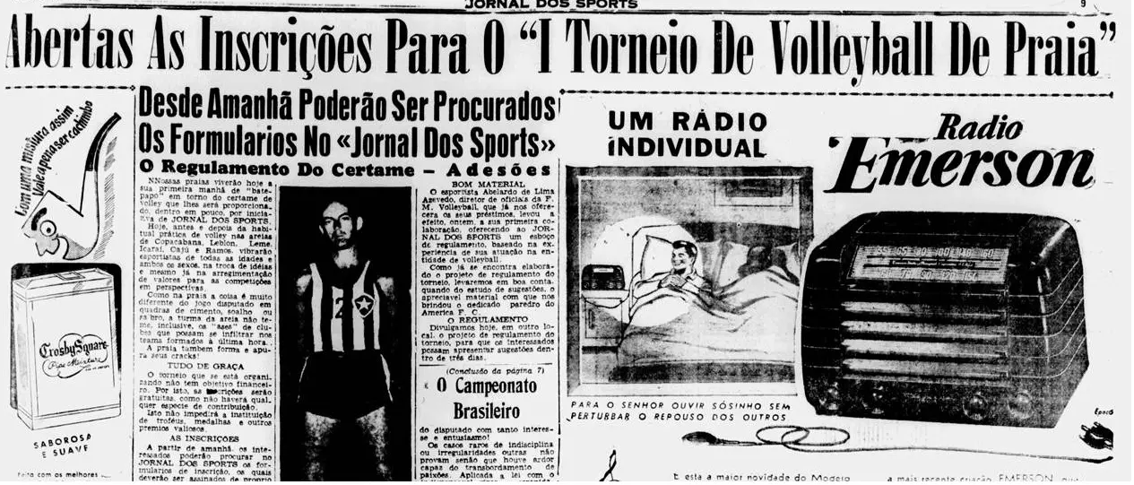 Jornal de 1946 anunciando torneio de vôlei de praia.