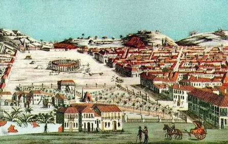 Gravura colorida da Arena do Campo de Santana, com praça aberta e edifícios ao redor.