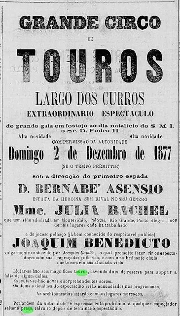 Panfleto preto e branco anunciando tourada em comemoração ao aniversário de D. Pedro II.