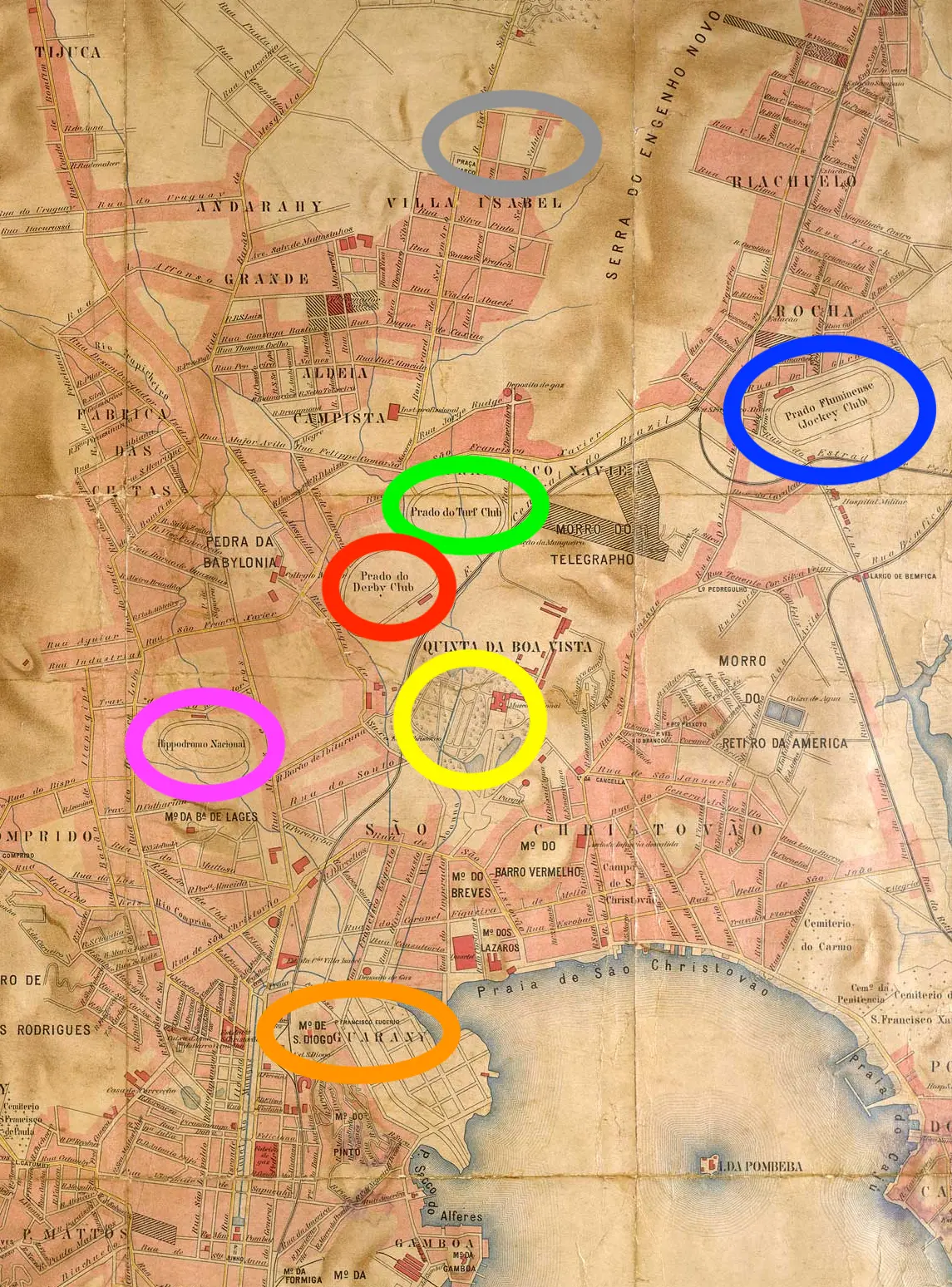 Gravura antiga de Rio de Janeiro, ruas e bairros marcados.