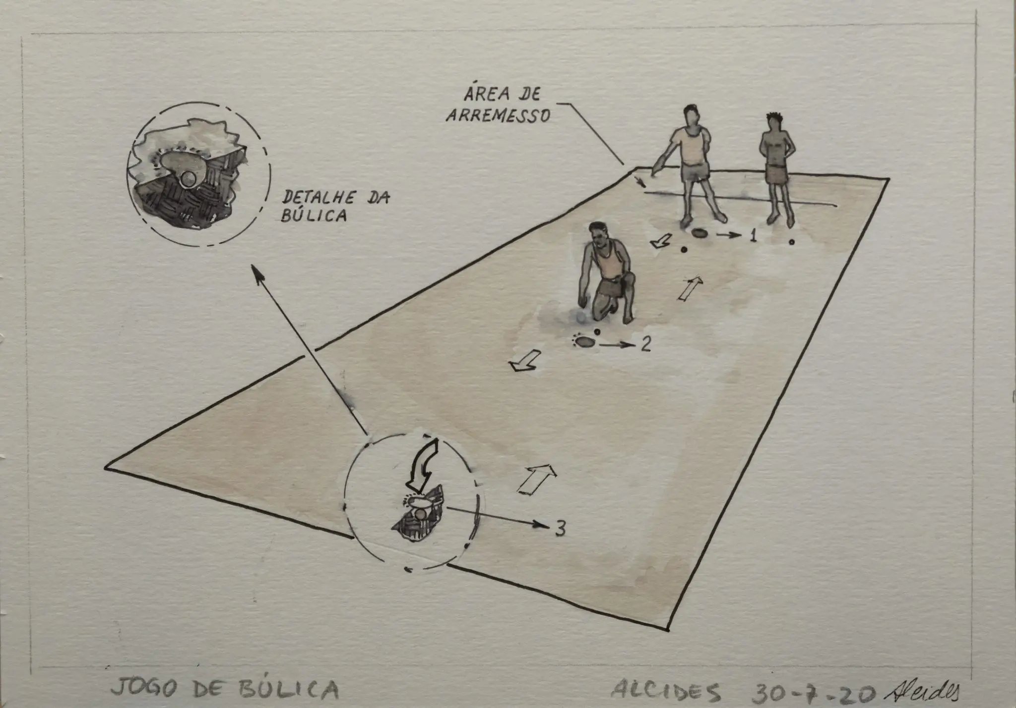 Gravura de jogo de boliche em preto e branco.