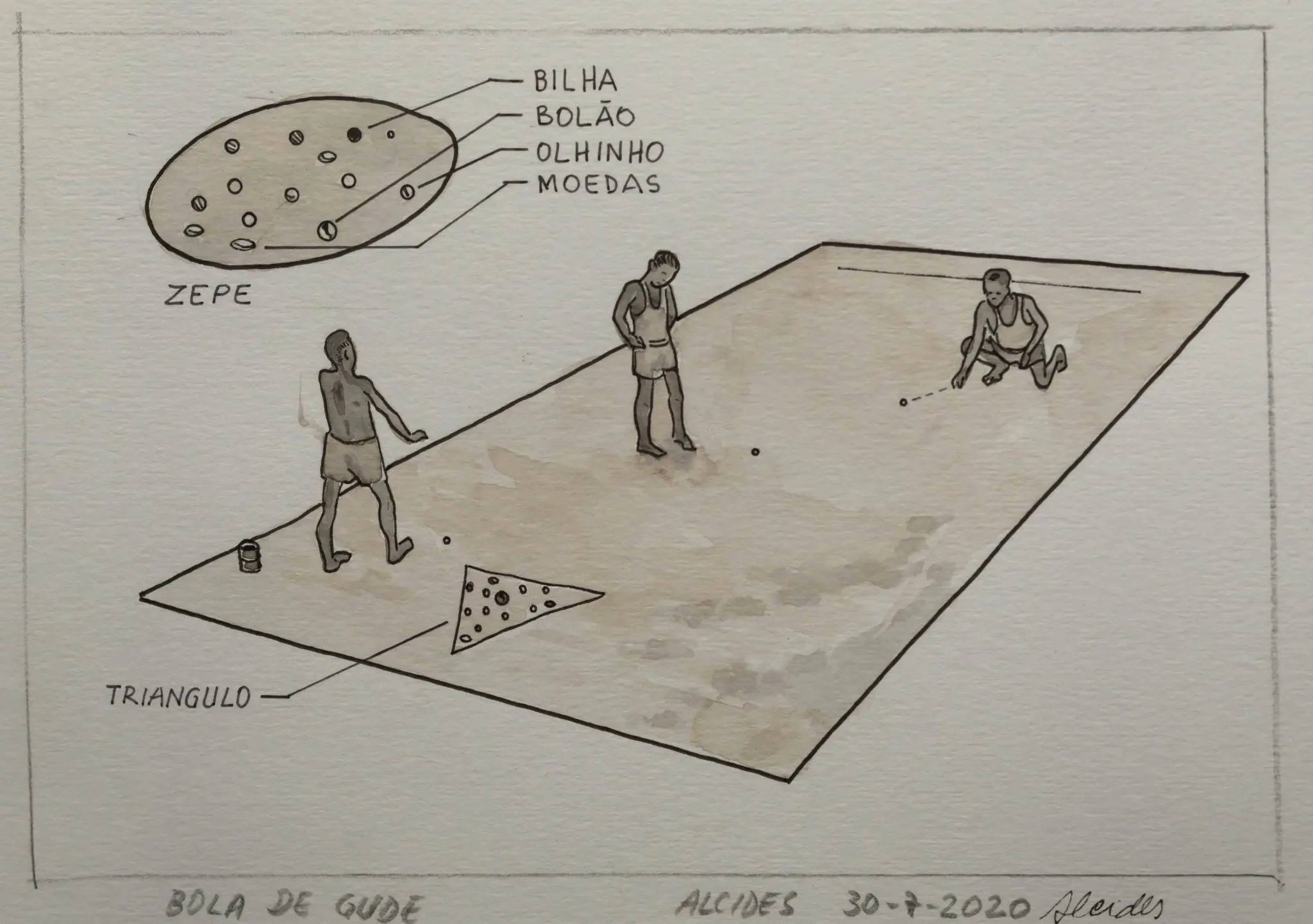 Gravura preto e branco de jogo "Bola de Gude" em campo triangular.