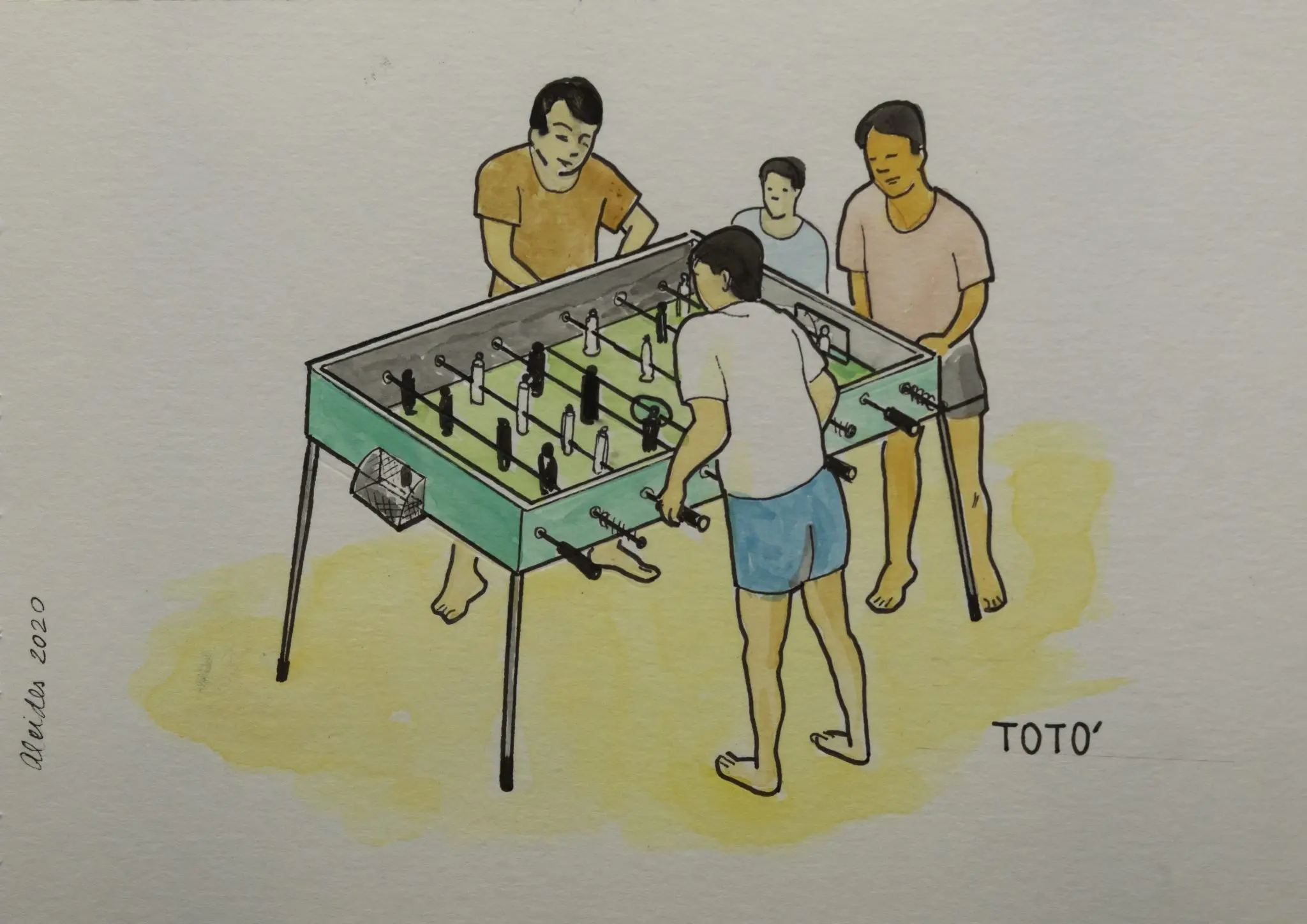 Pintura de quatro pessoas jogando futebol de mesa.
