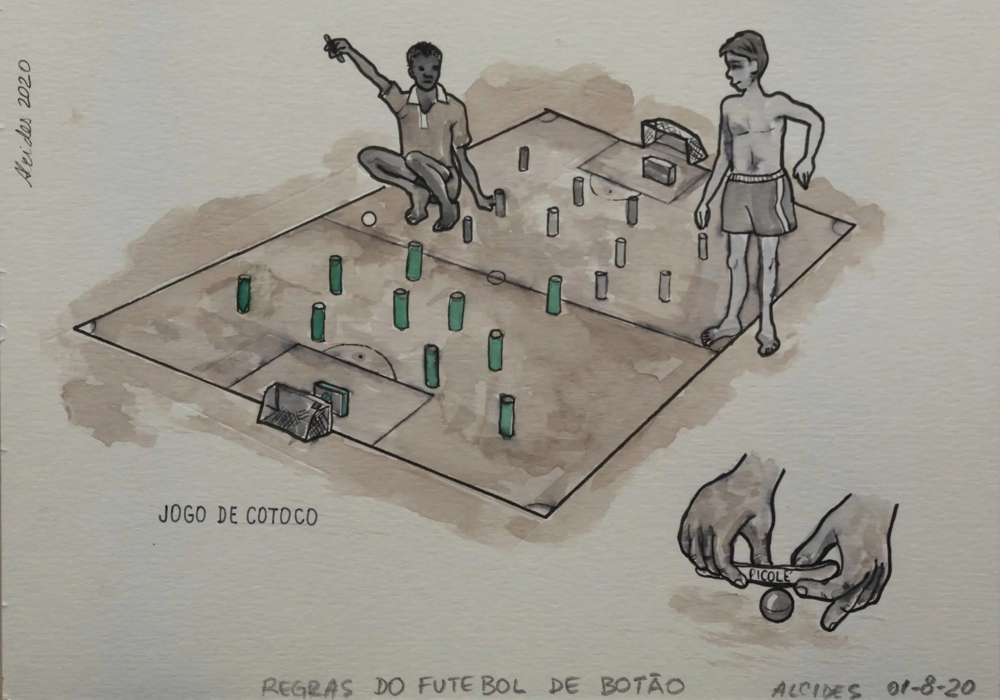 Gravura preto e branco de dois homens em um campo de Cotoco.