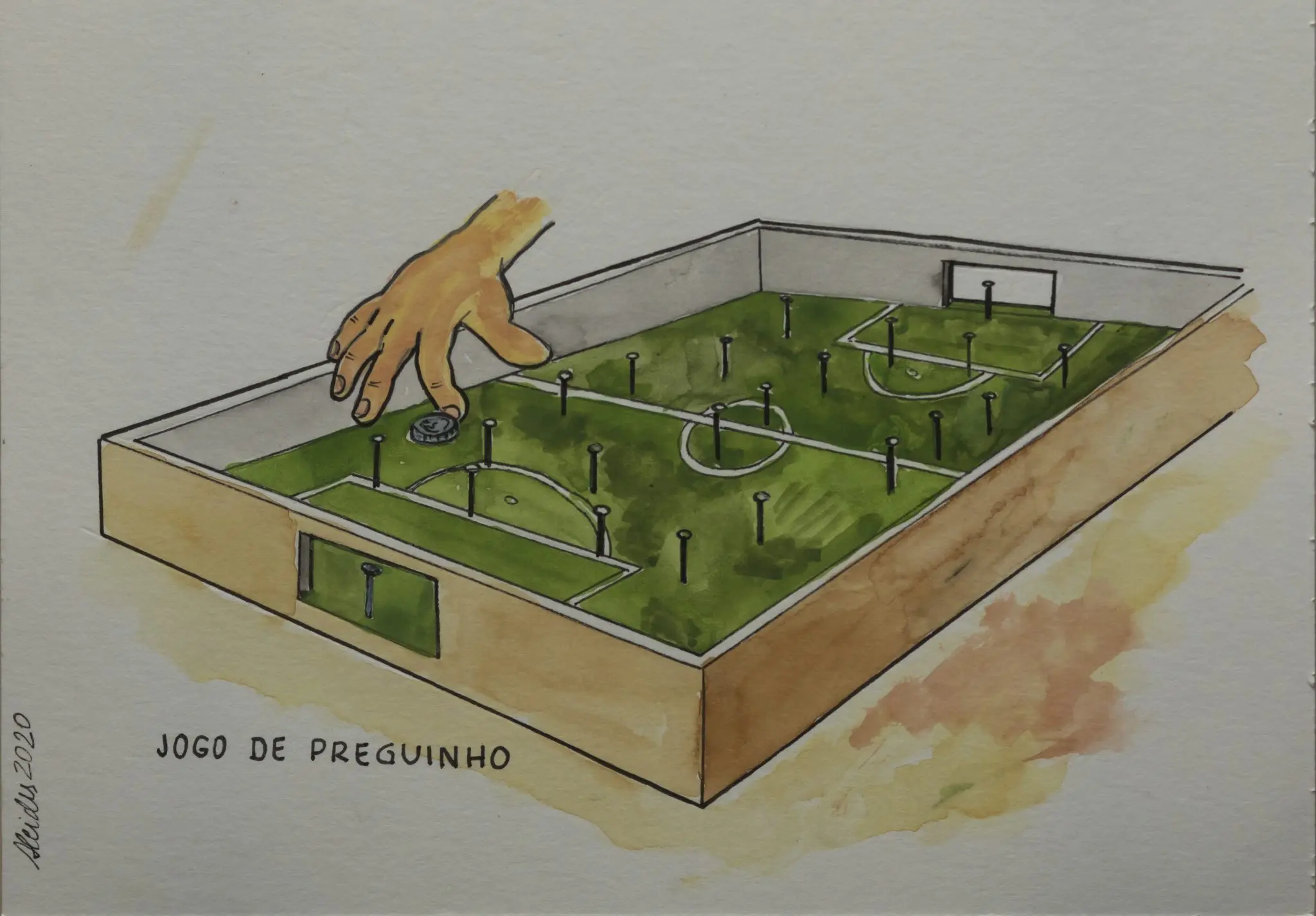 Pintura de jogo de futebol de mesa com mão segurando moeda.