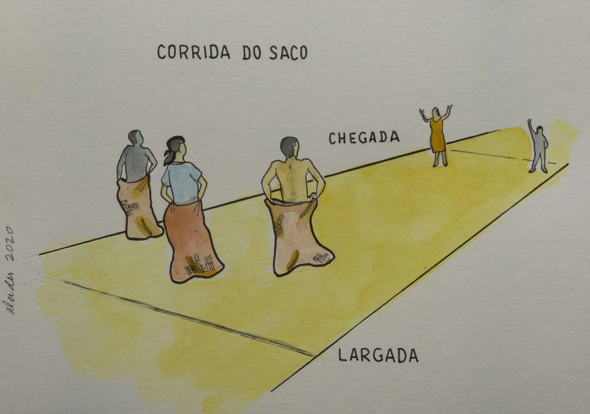 Ilustração colorida da Corrida do Saco na Festa Junina.